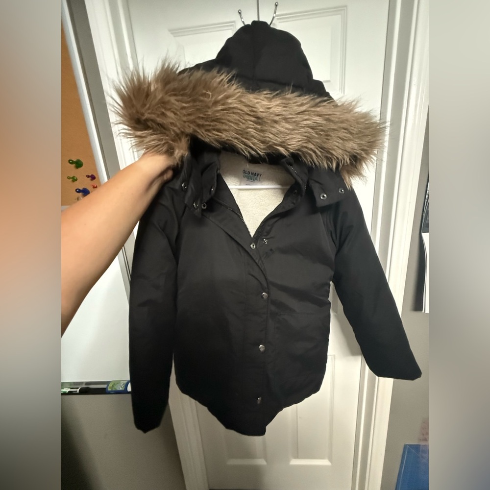 Old Navy Black Coat with Faux Fur Hood